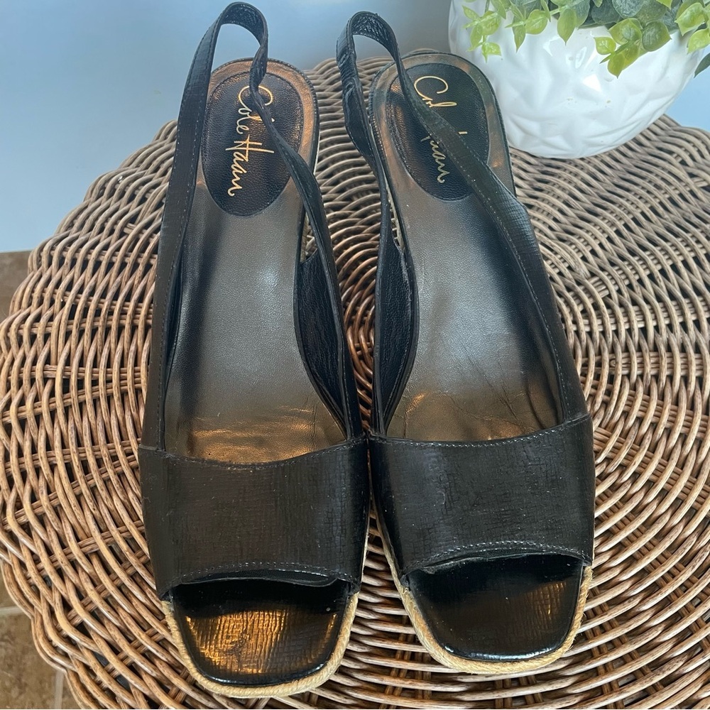 Cole Haan Black Peep-Toe Slingback Wedges
